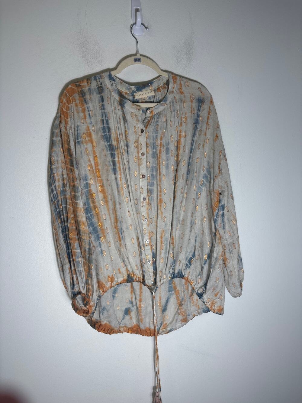 Lovestitch Blue Yellow Tie Dye w/ Gold Detailing Long Sleeves Button Up Top Sz S